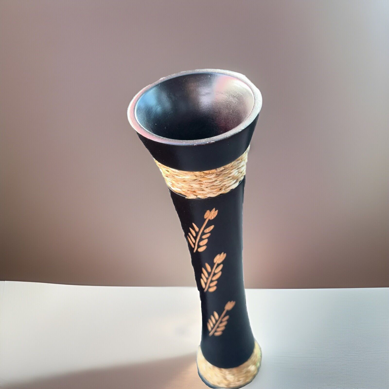 Gorgeous Black Wooden Vase with Hand Etched Flowers & Rope 12” Unique Home Decor