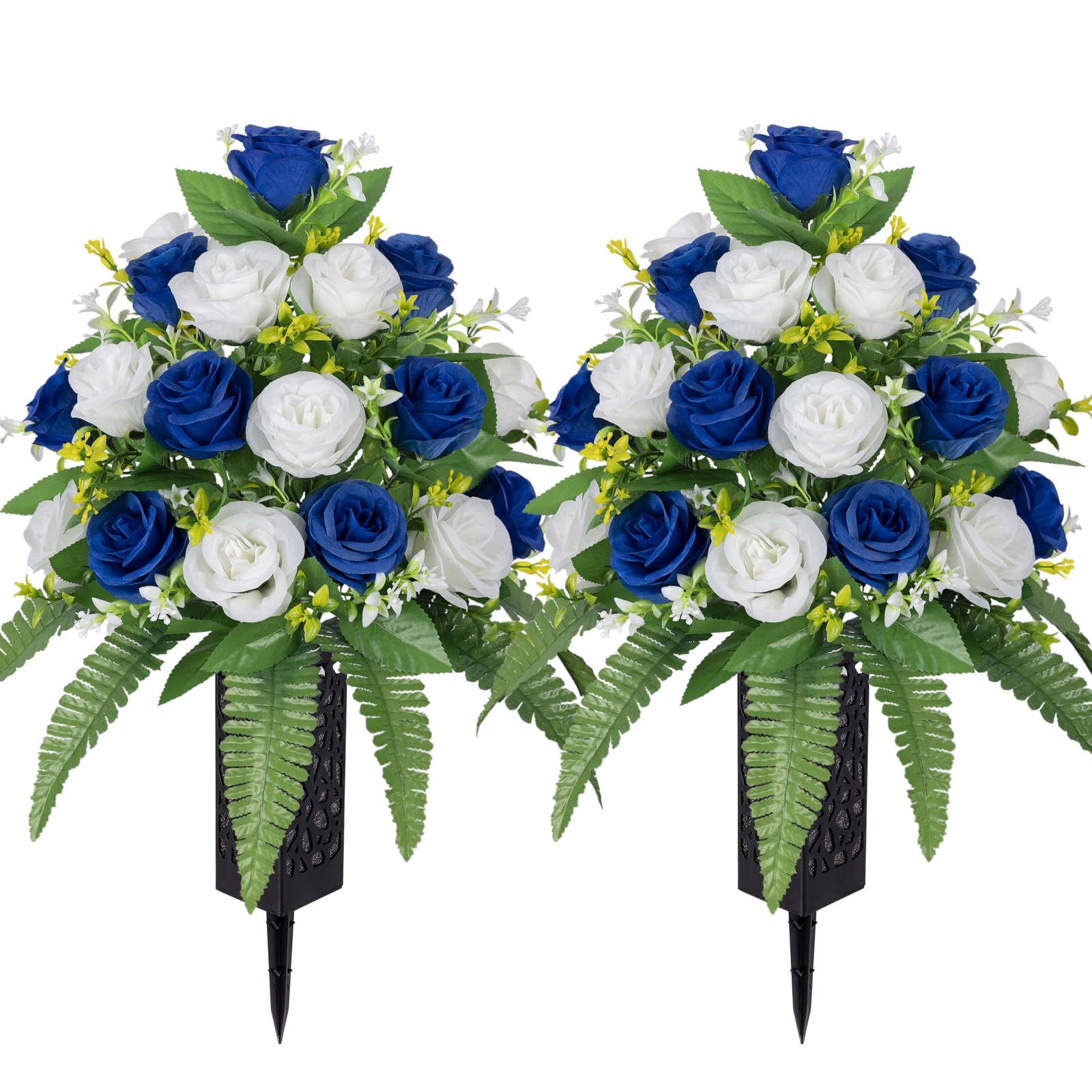 Dark Blue White Artificial Silk Rose Cemetery Grave Flowers 2 Bouquets