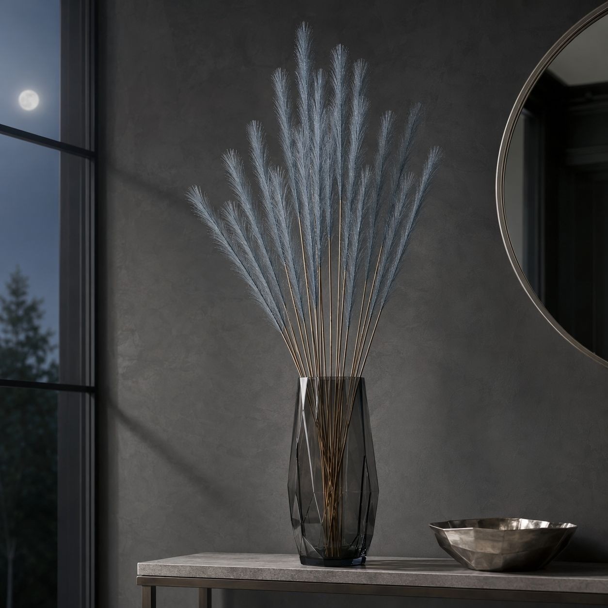 Slate Blue Faux Pampas Grass Stems, 16-Piece 31-Inch Wispy Synthetic Floor Vase