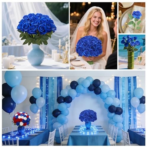 24 Blue Velvet Silk Roses – Realistic Artificial Flowers for Wedding Decor, Part