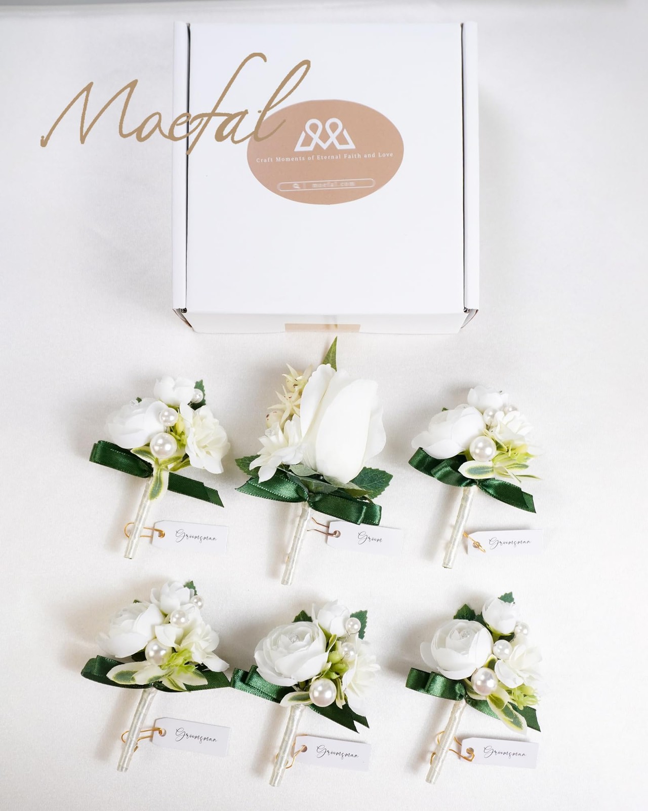 6 PCS White Ranunculus Pearl Boutonniere Wedding Corsage Gold Pins Prom