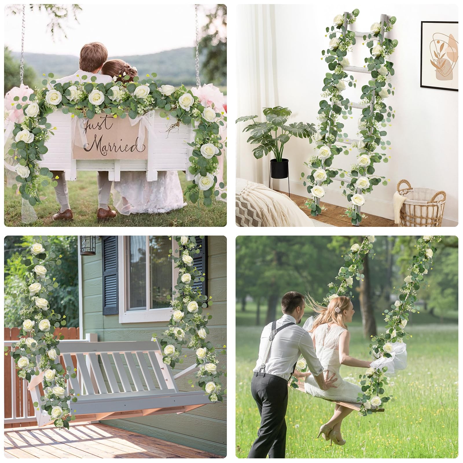 2Pcs(13 Ft) Artificial Eucalyptus Flower Garland with White Rose Flowers,Faux…