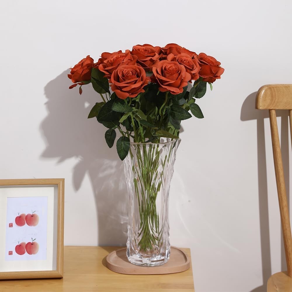 12 PCS Artificial Silk Roses for Home Wedding Decor, Brown and Orange Flowers