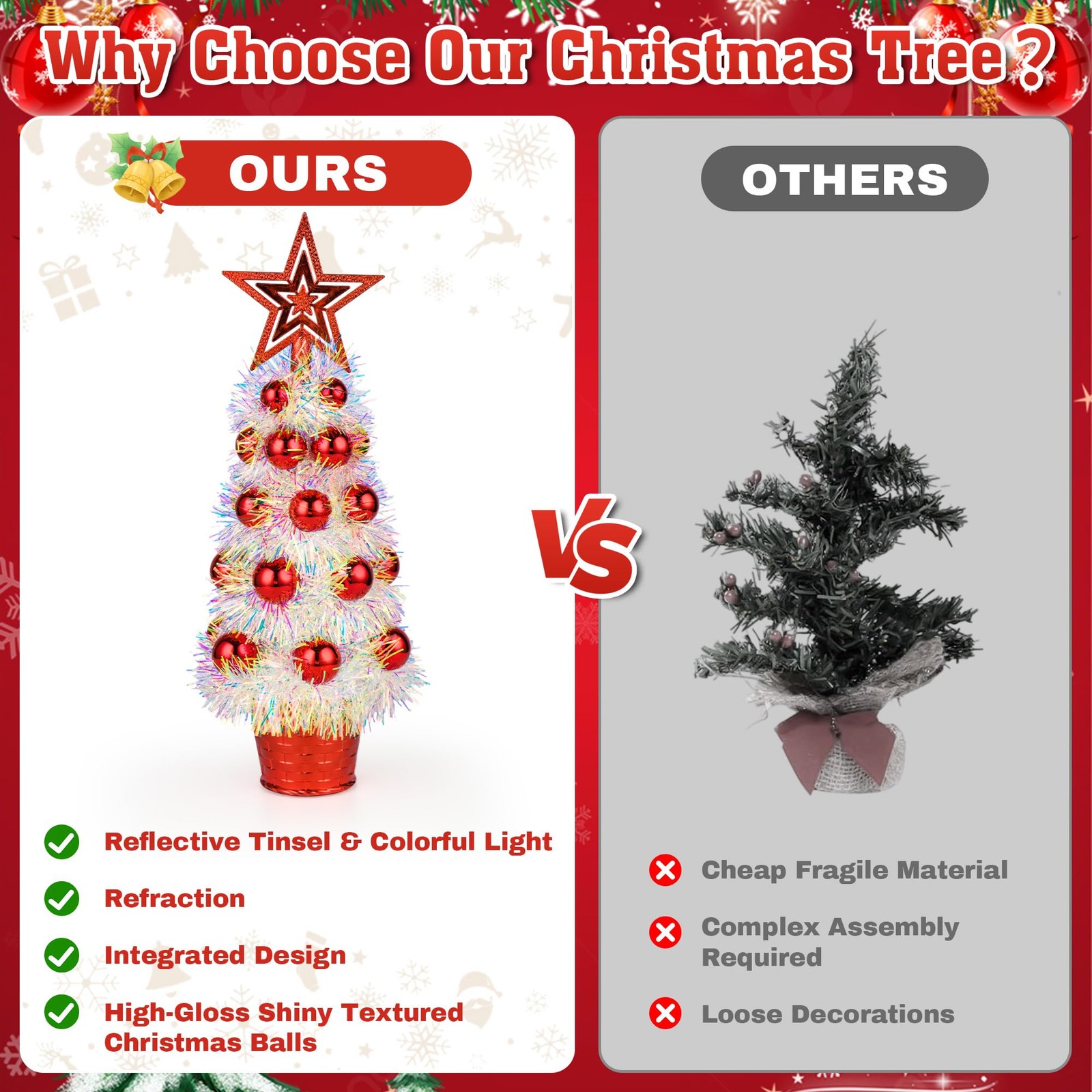 2 PCS 14 Inch Mini White Tinsel Tabletop Christmas Trees Red Star Ornaments