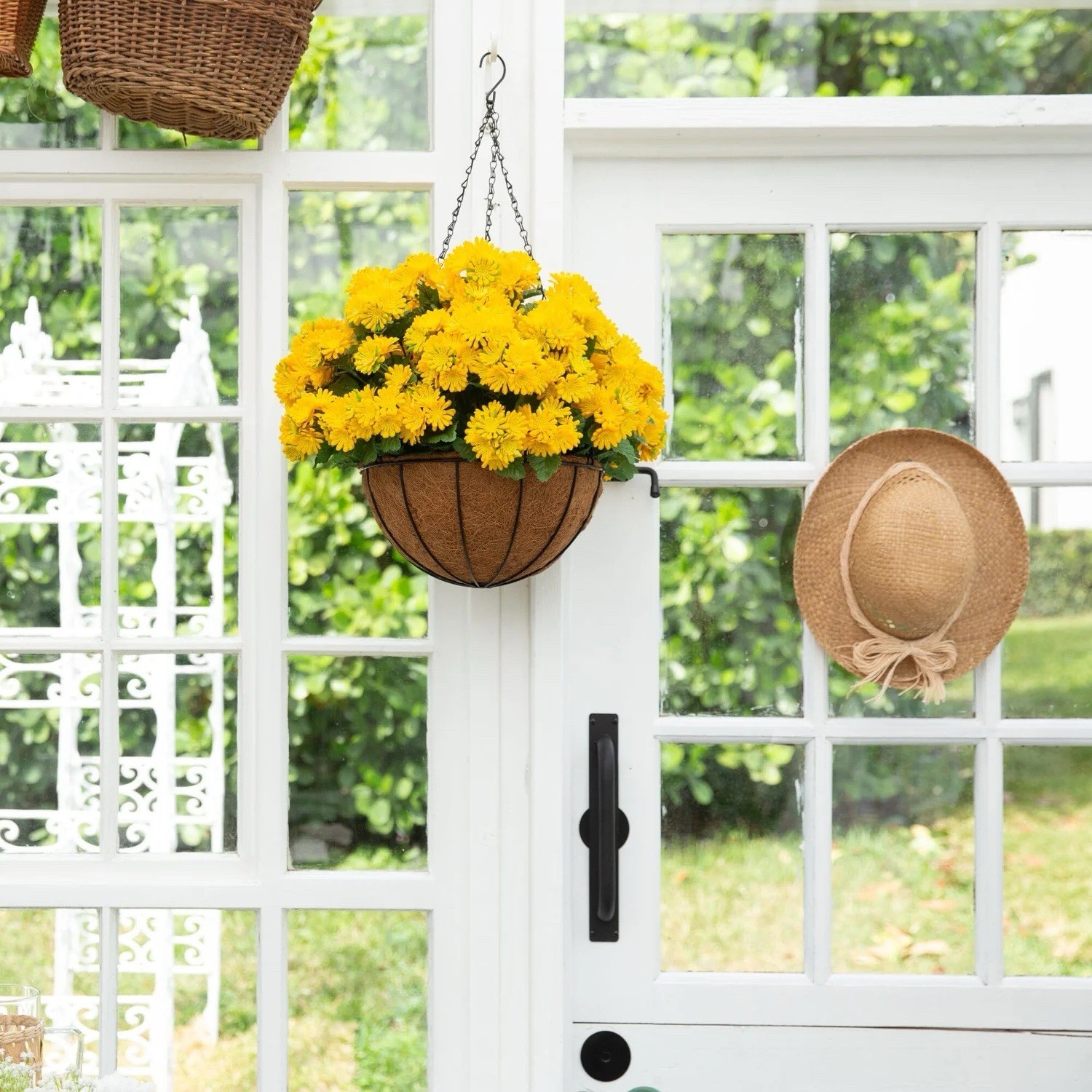 24” UV Resistant Artificial Chrysanthemum Hanging Basket Indoor/Outdoor