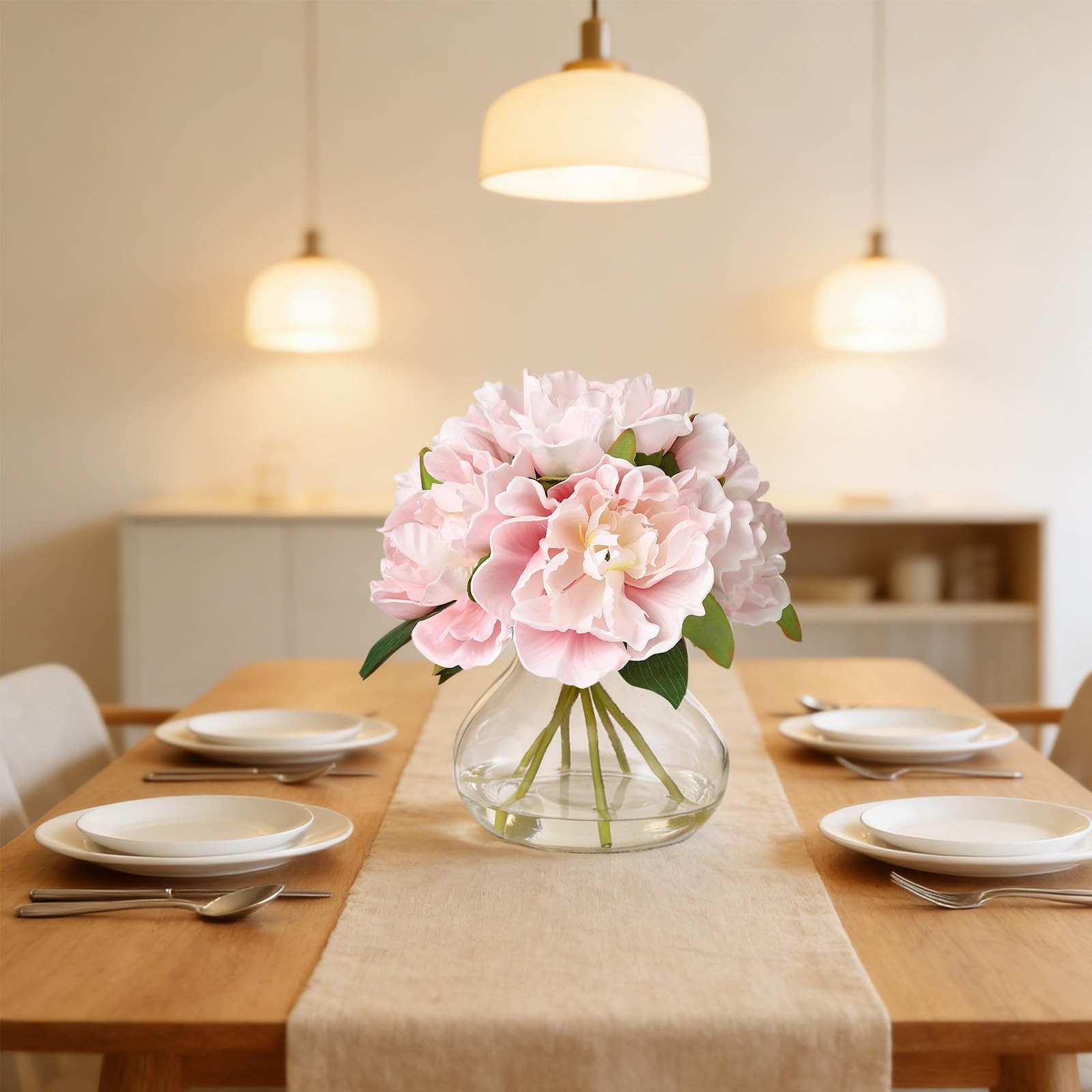 Pink Peonies Artificial Flowers with Glass Vase, Silk Faux Peony Flower Arran…