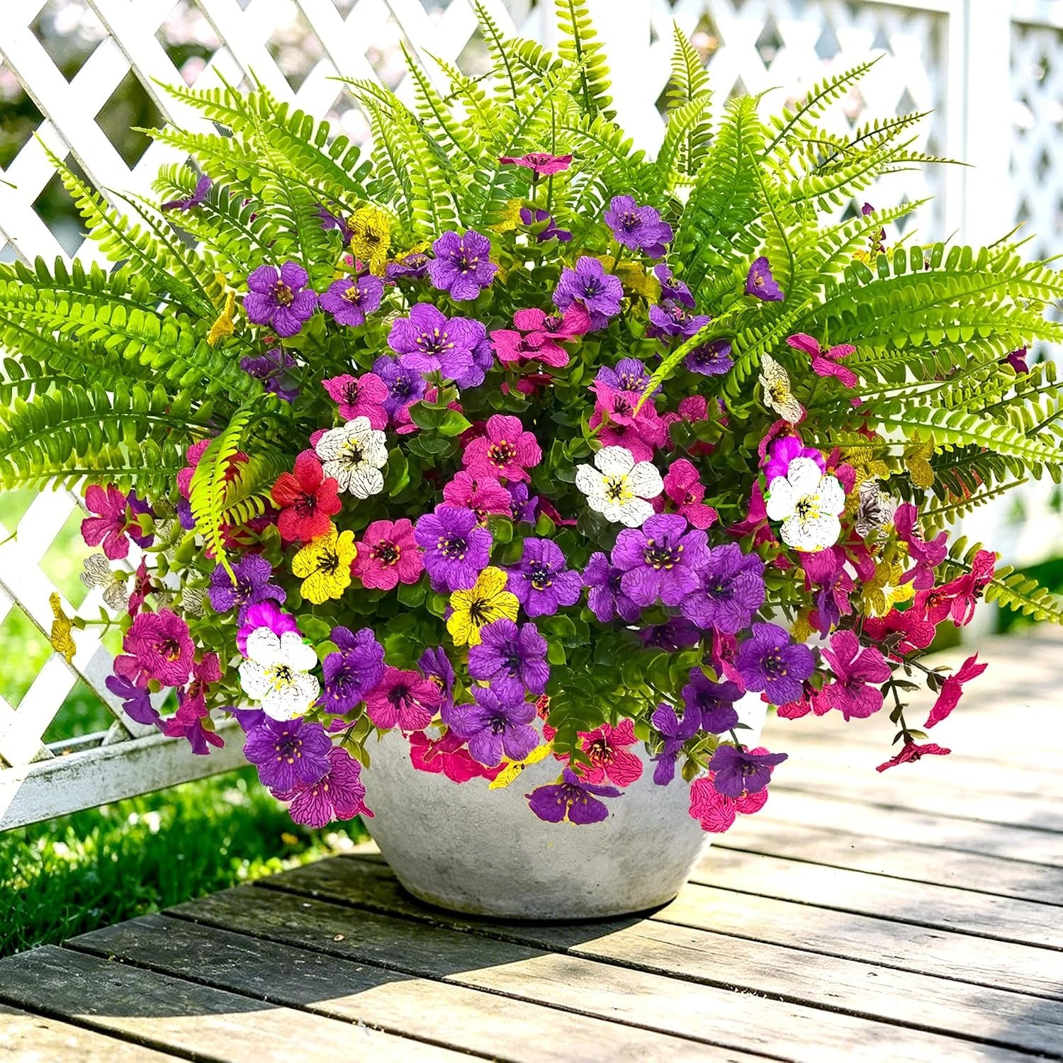Multi-Season Colorful Faux Flower Bundles – 16 UV Protected Plants for Outdoors