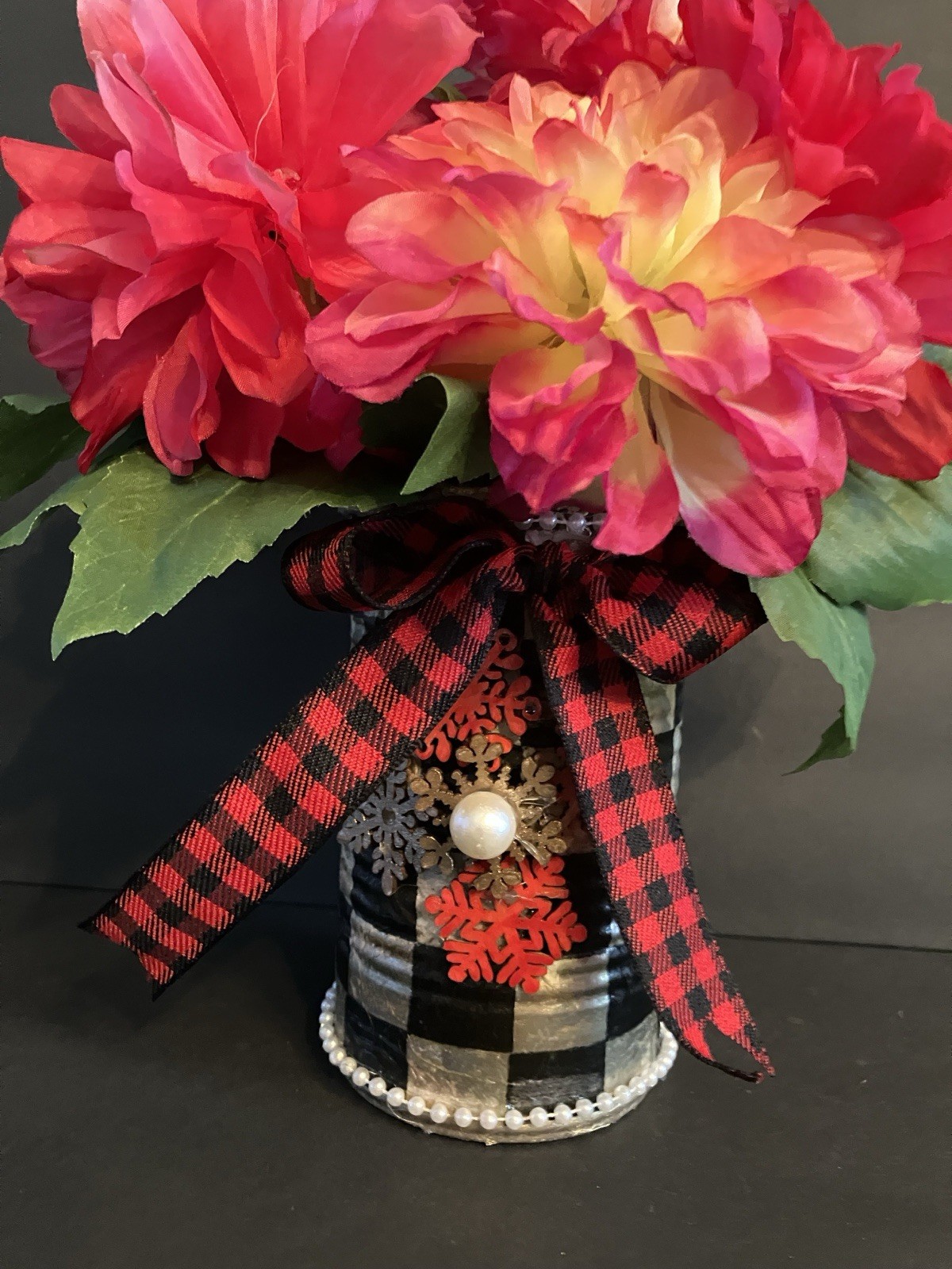 Spring Floral Arrangement In Recycled Can Mackenzie Childs Napkin Red Zinnias