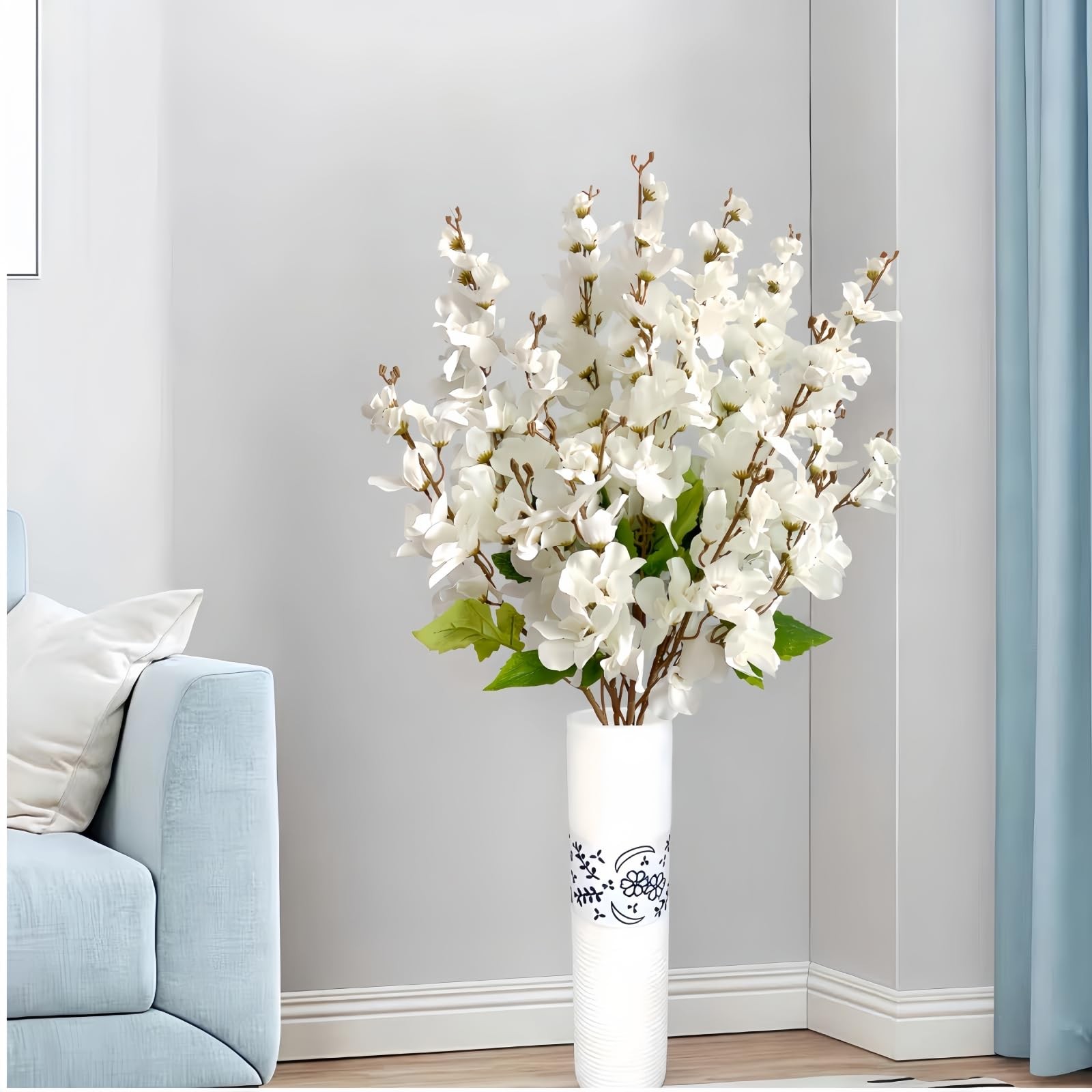 6 PCS White Delphinium Artificial Flowers Tall Floor Vase Floral Arrangements