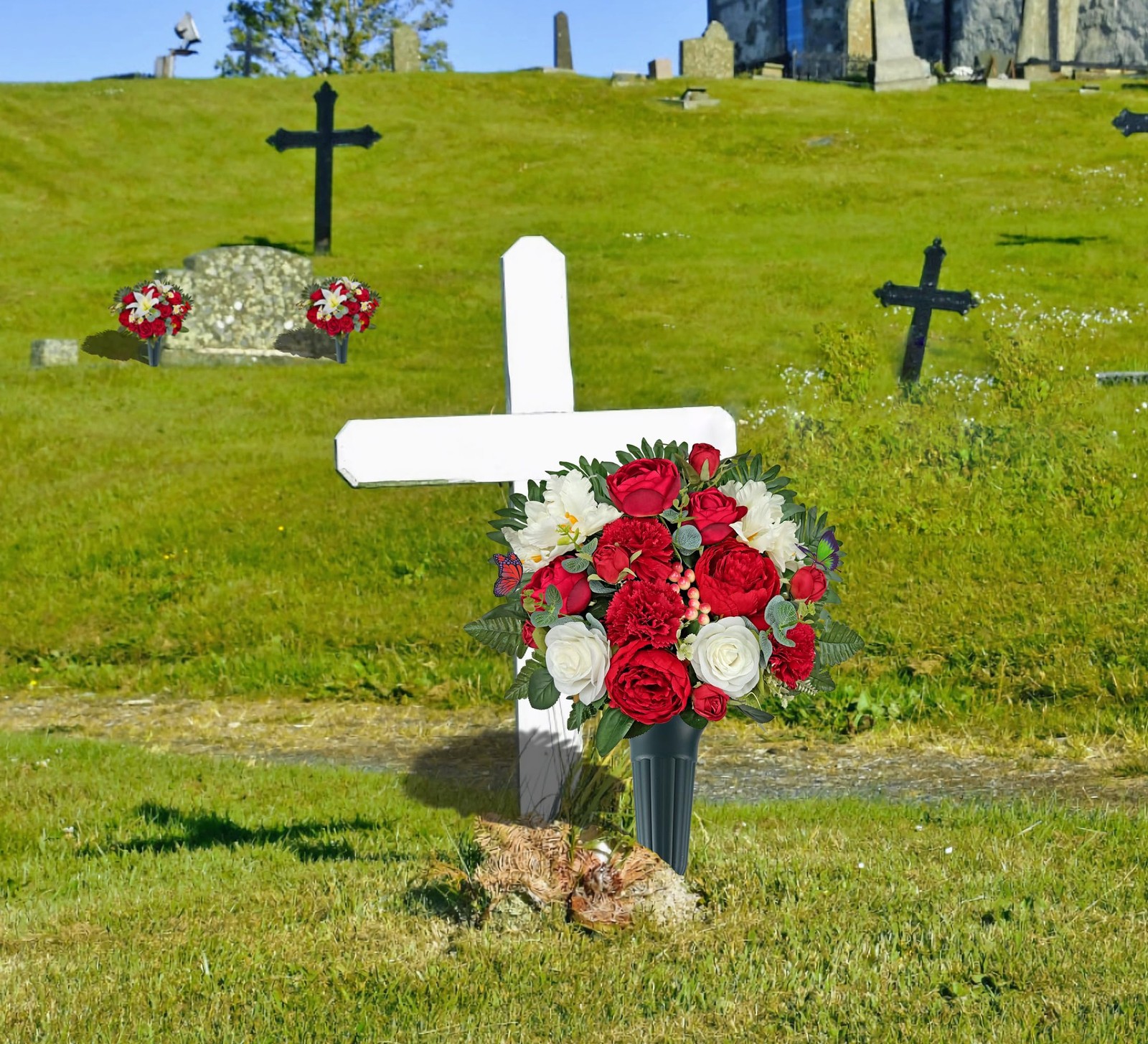 Cemetery Flowers with Vases for Grave Decor, Silk Lily Rose Carnation，Headsto…