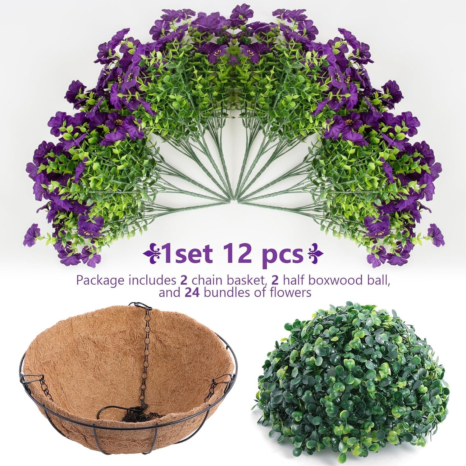 Charming 2-Piece Outdoor Flower Planters with 24 UV-Resistant Decorative Blooms