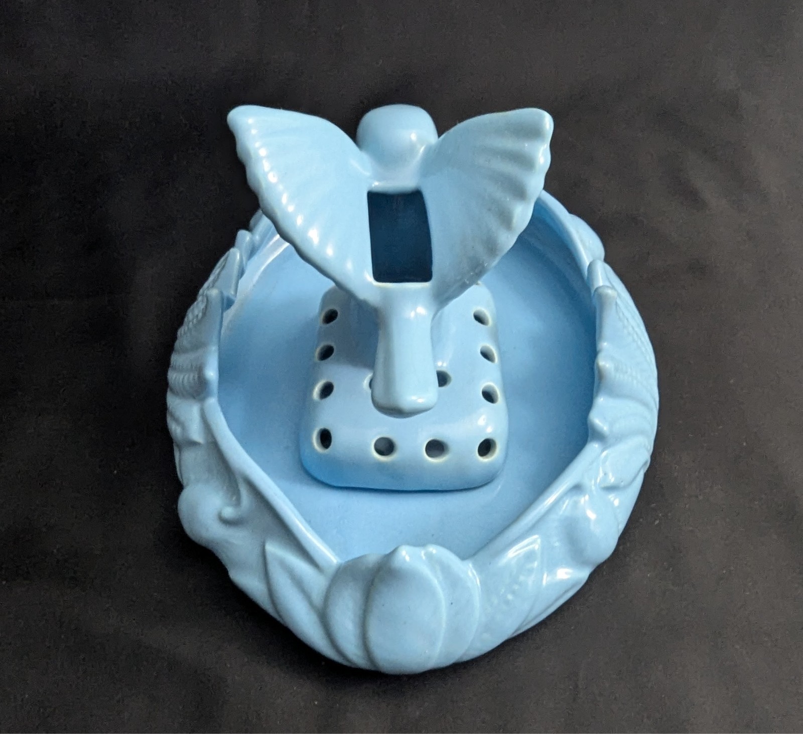 Vtg Camark Art Pottery Blue Shallow Bowl Planter & Bird Flower Frog Set (S4)
