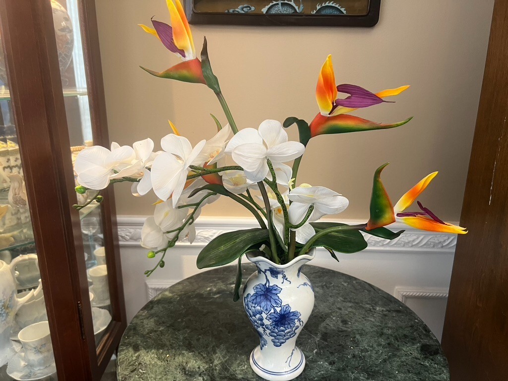 Floral Arrangement with Multi-Colored Silk Flowers in a Blue White Vase