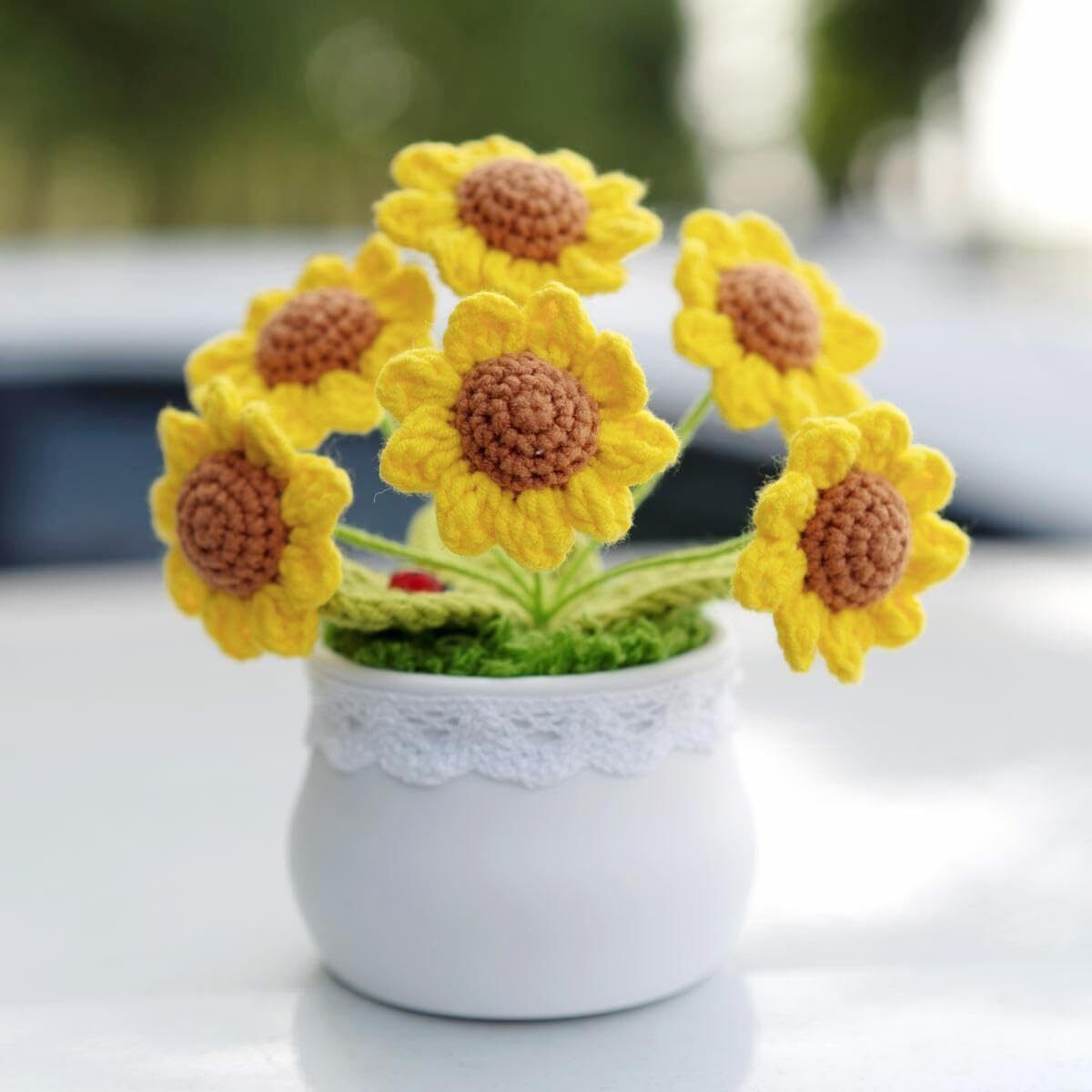 SUNFLOWER CROCHET FLOWERS 6HEAD POTTED KNITTED ARTIFICIAL SUNFLOWERS DESK DASHBO