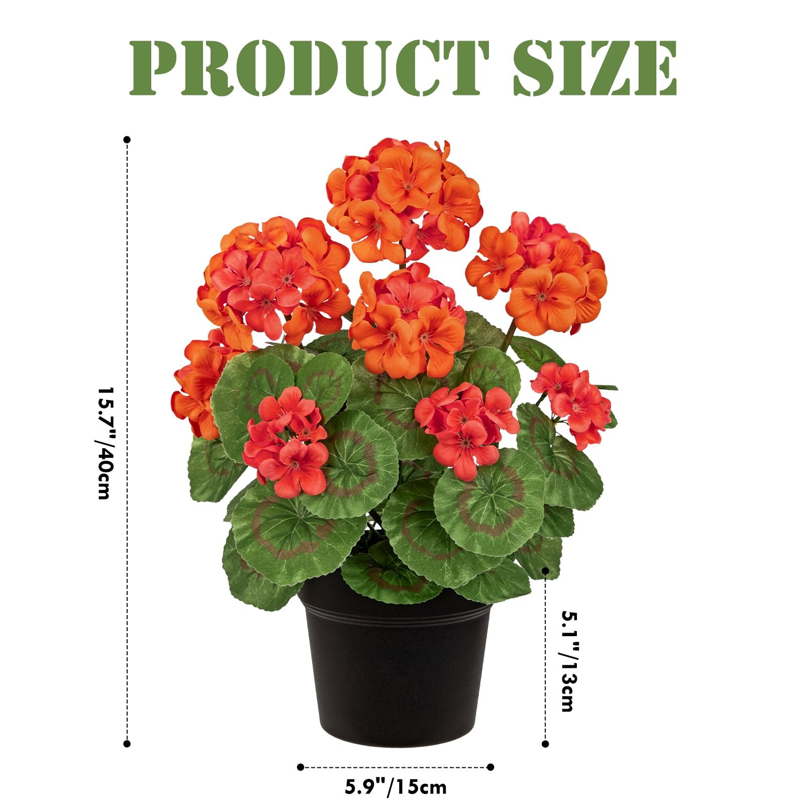 15.7in Artificial Geranium Plant in Black Pot, Orange Faux Potted Flowers, Re…