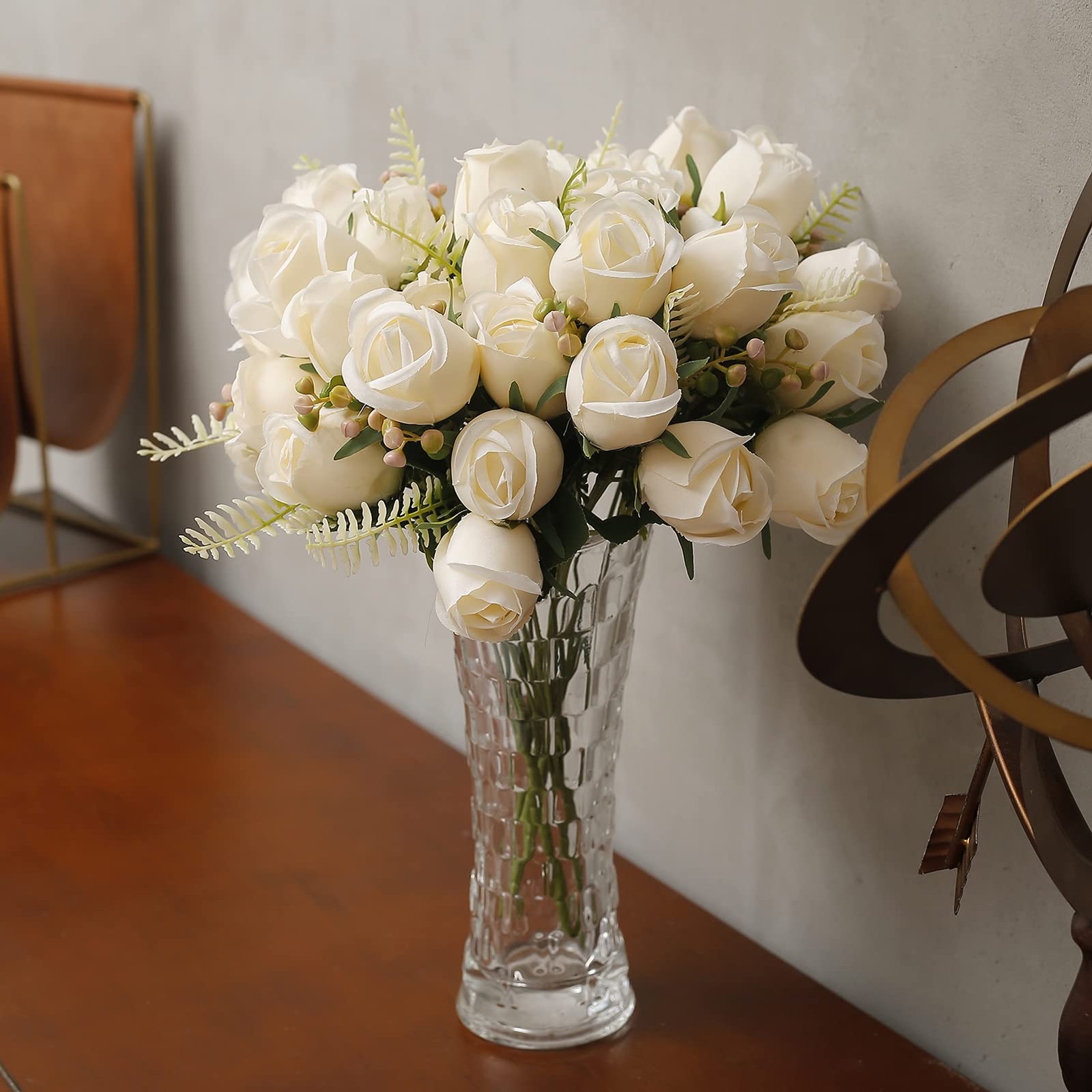 Artificial Rose Flower 20 Heads 2 Bundles Bridal Bouquet Silk Bulk Cream