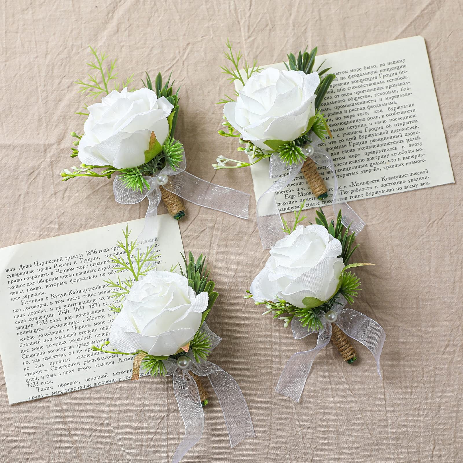 4 PCS White Rose Boutonniere For Men Artificial Flower Wedding Prom Party
