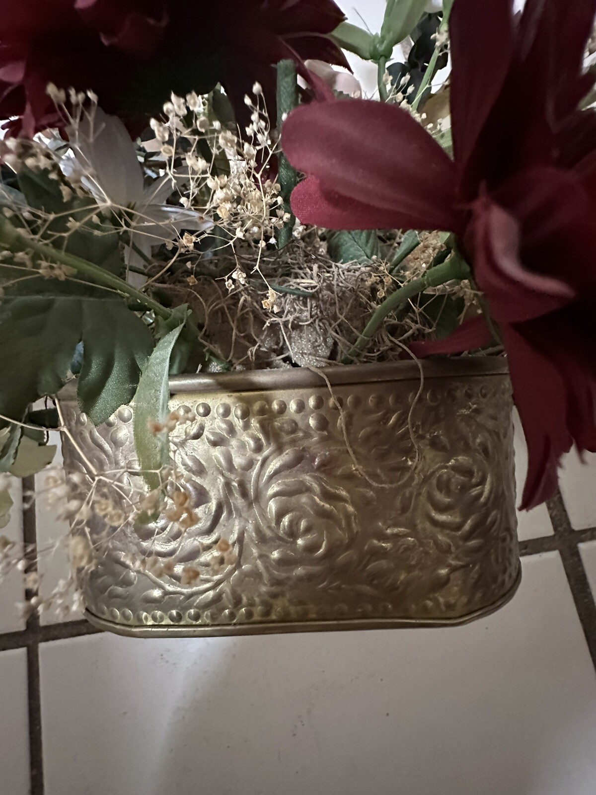 Silk Floral Arrangement Antiqued Brass Planter 18″W X 12”T Eucalyptus & Various