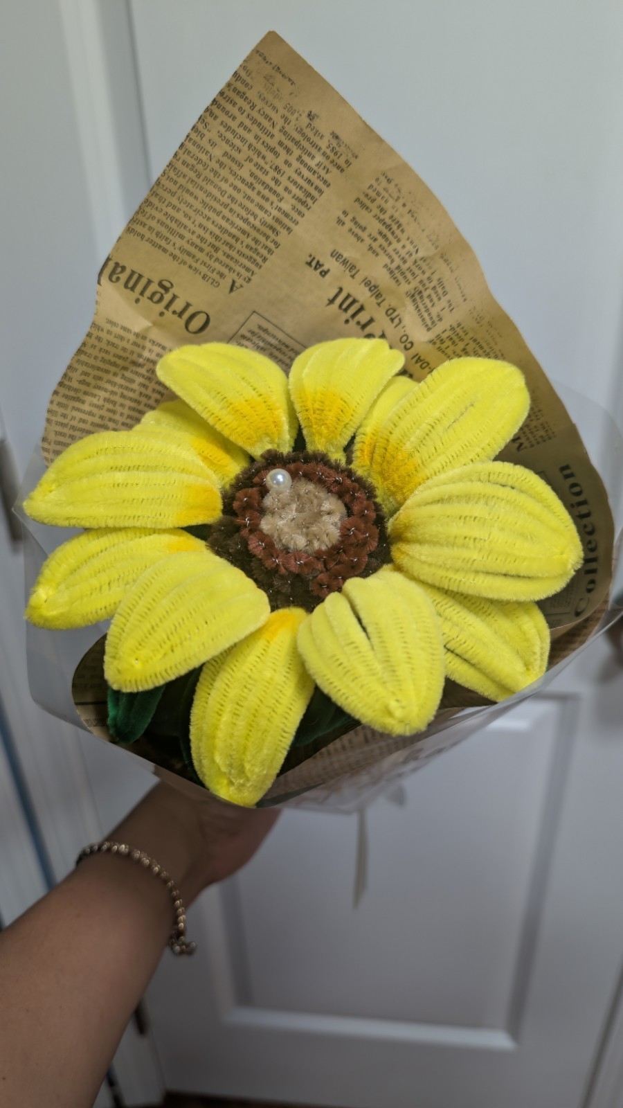 Artificial Sunflower Flower Bouquet Arrangement Yellow Green Brown Paper Wrap