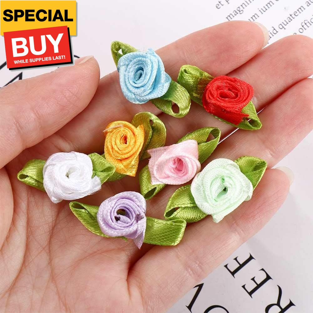100PCS Mini Ribbon Roses for Crafts Artificial Fabric Flowers with Green Leaves