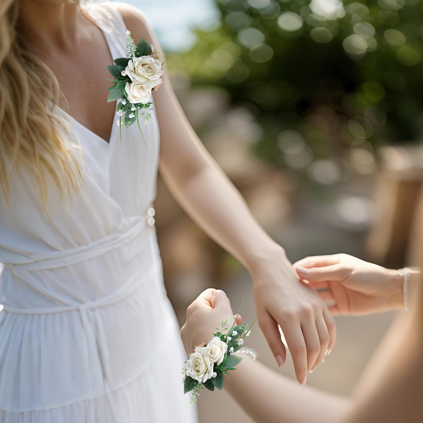 Ivory Corsage and Boutonniere Set for Bride Groom, Artificial Rose Flower Wri…