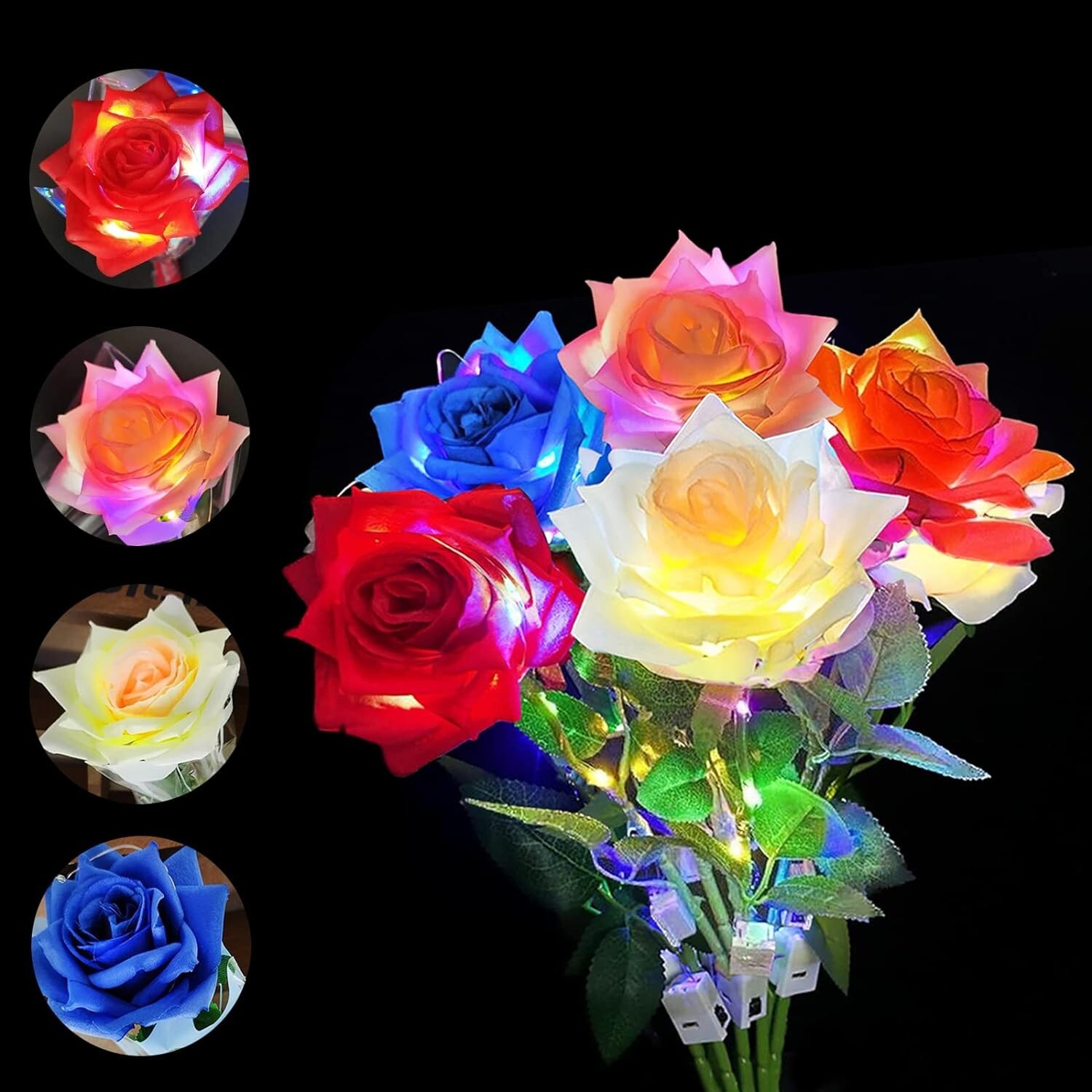 5 Pack LED Artificial Rose Flower 3 Flashing Modes Light Rose Colorful You Room
