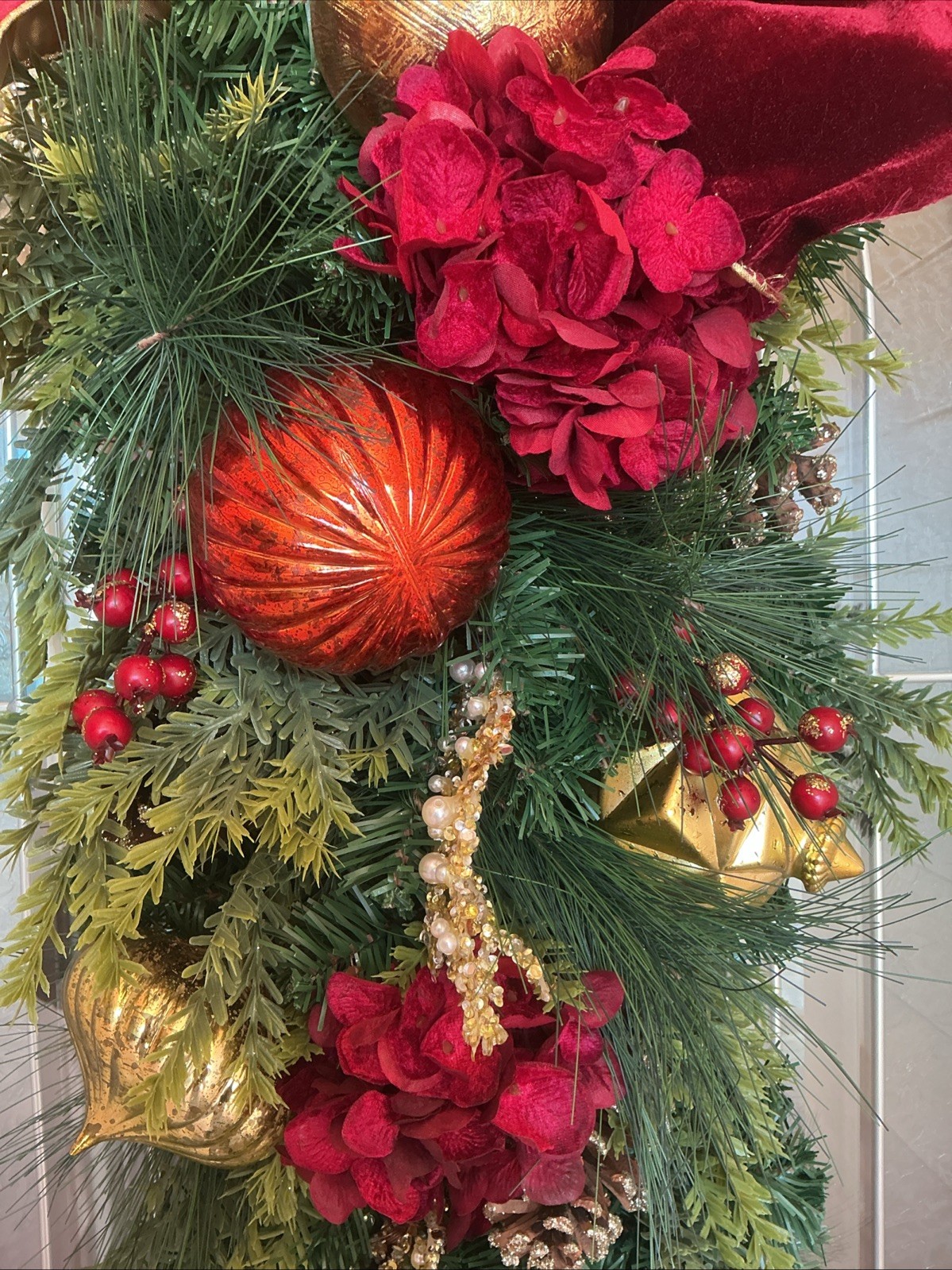 PreLit Christmas Teardrop Swag Frontgate Battery Hydrangeas Berries Red Bow