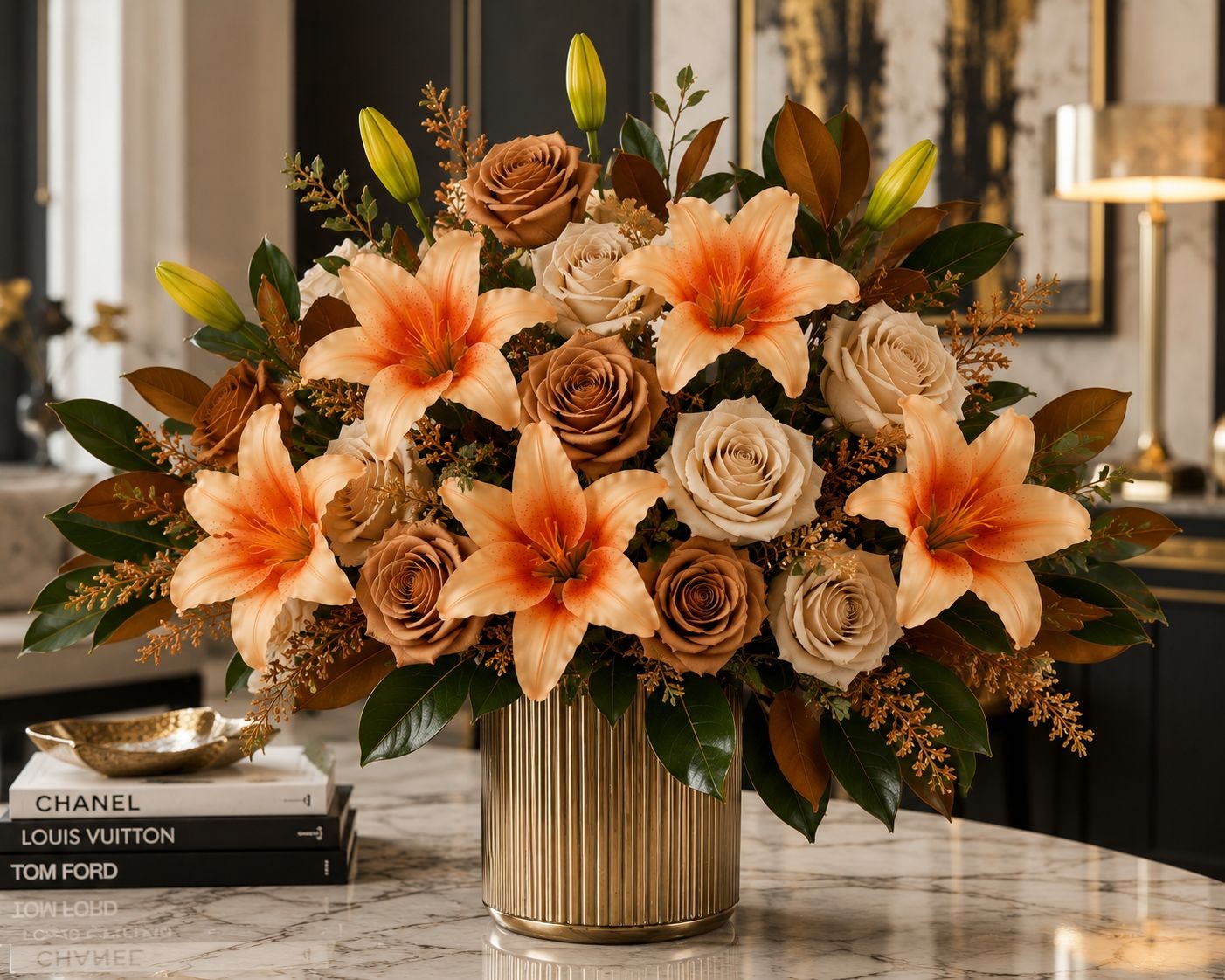 Orange Peach Real Touch Lily Stems, Faux Lily Flowers, Artificial Lilies, Fall F