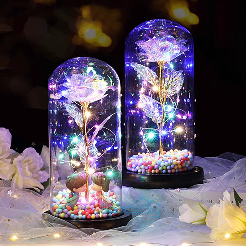 Enchanted Crystal Galaxy Rose Flower In Dome Glass LED Night Light Uniques Gifts