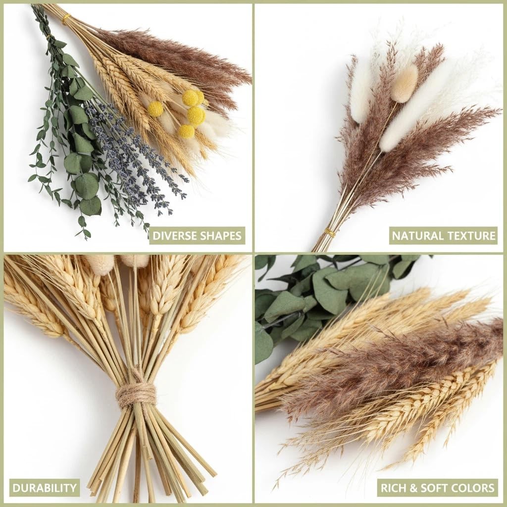 500PCS Dried Pampas Grass Bouquet – Boho Dried Flowers for Vase, White & Brow…