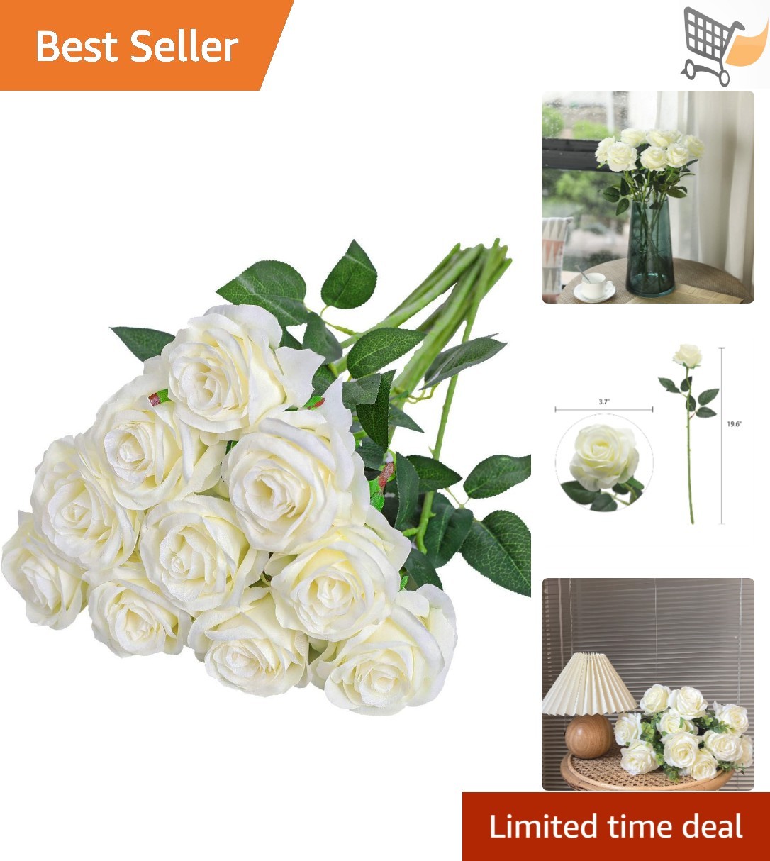Artificial Silk Rose Flower Bouquet 10pcs White Fake Roses for Wedding Party