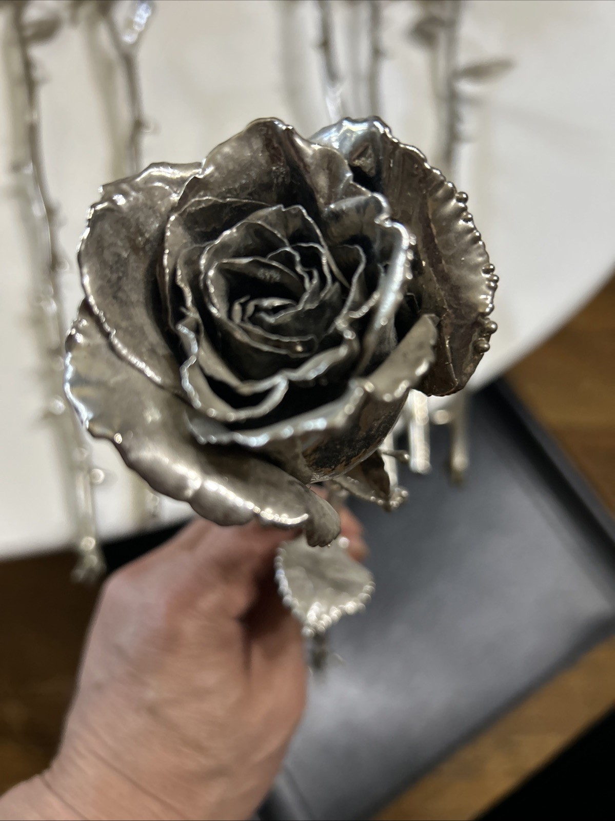 Set of six 6 Real Rose Dipped In Silver 18 inches long Triple dipped