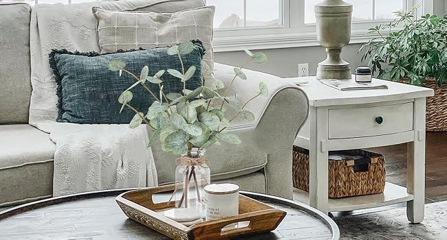 Artificial Eucalyptus Stems in Glass Vase with Faux Water, Fake Plants for Home
