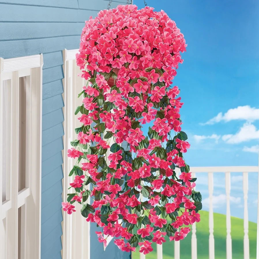 Set of 2 Artificial Cascading Fuchsia Blossoms Hanging Baskets/Vases Bushes