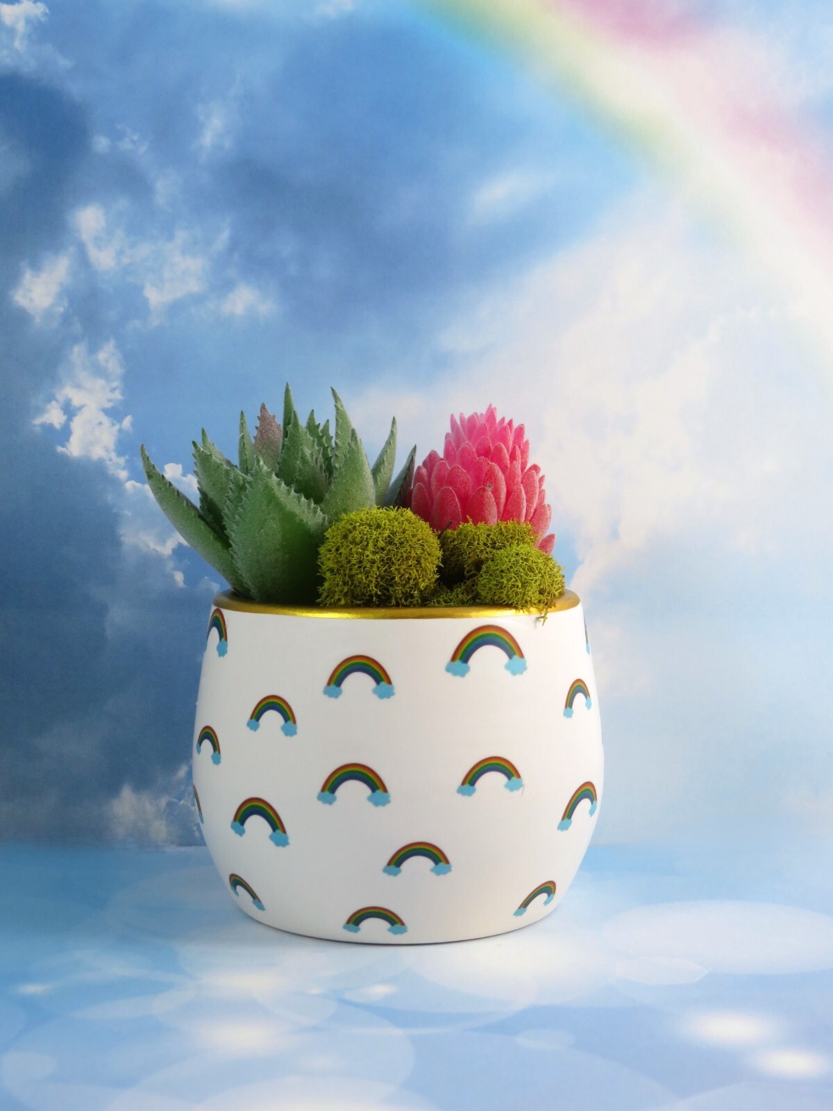 Mini Rainbows Ceramic Planter With Artificial Succulents 2.5 Inch Gold Rim New