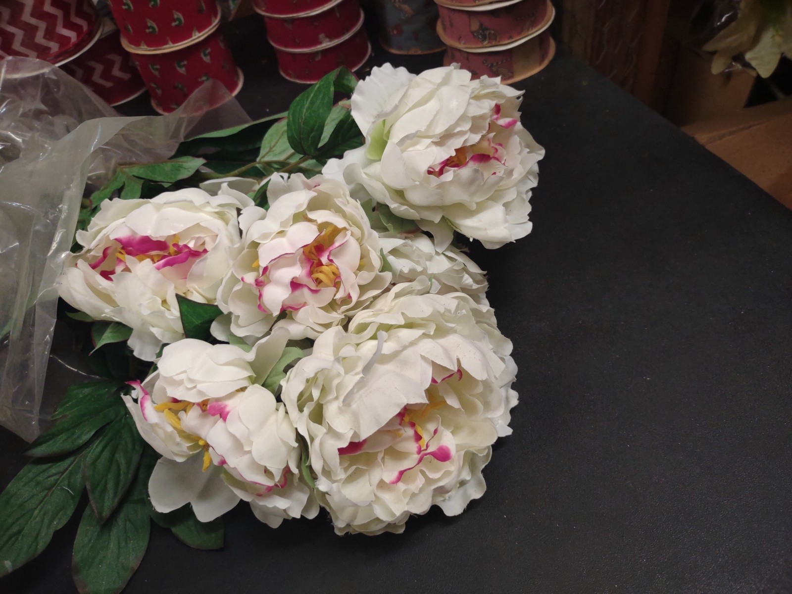 Realistic Silk Peony Bush 21″, Festiva Maxima Peonies, 7 Blooms White Variegated