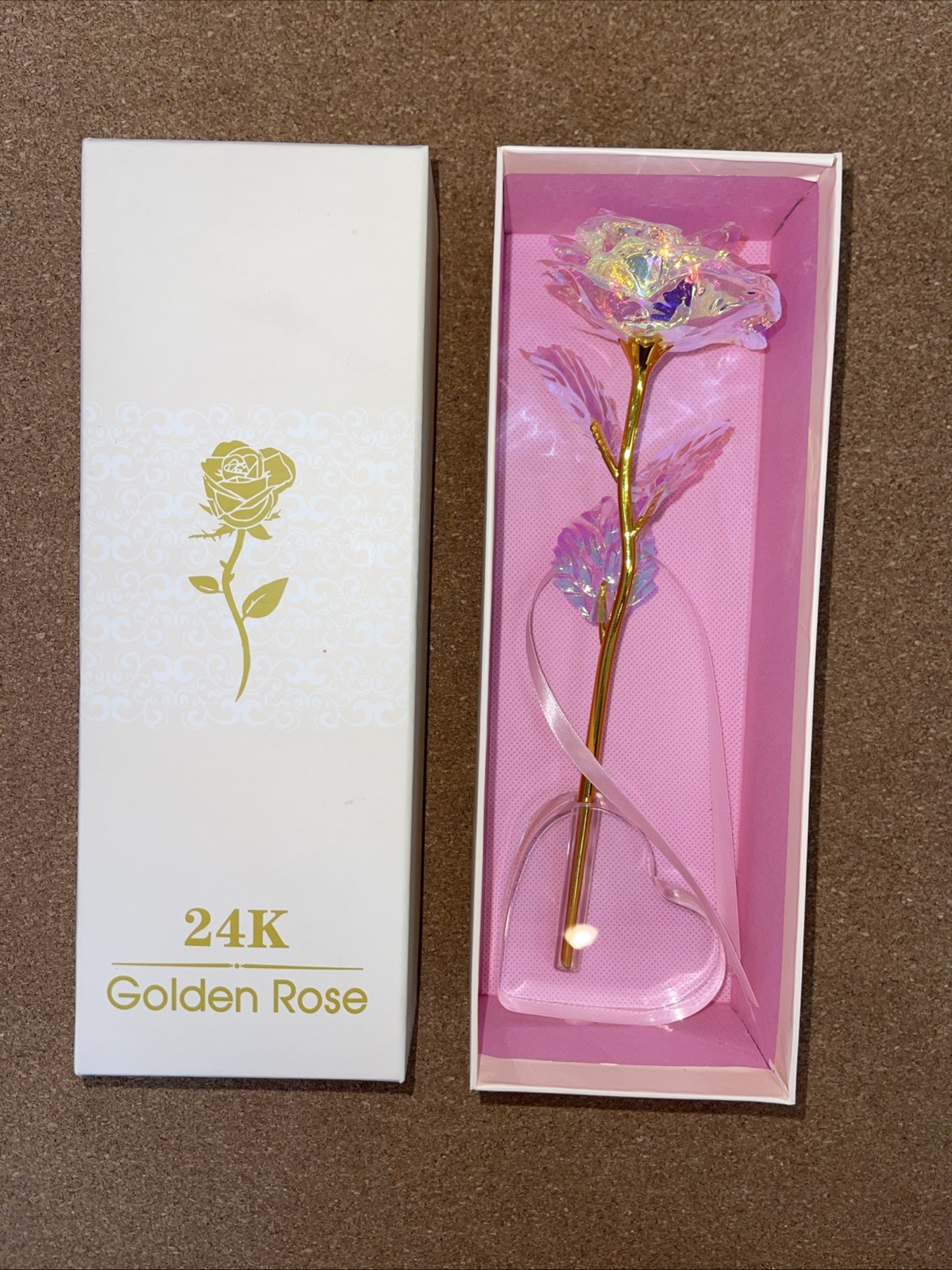 Artificial Iridescent 24K Golden Rose Gift Keepsake Flower Box Open Box