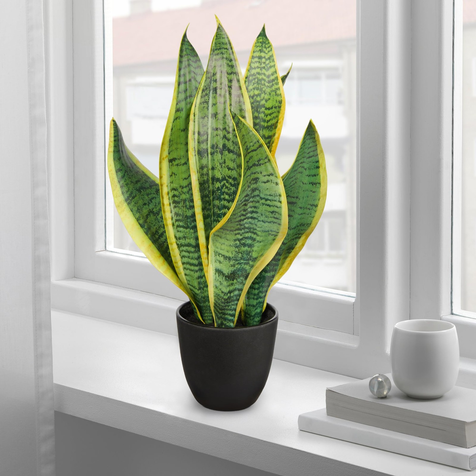 Fake Snake Plant 16 Inch Artificial Indoor Sansevieria Black Pot Home Decor