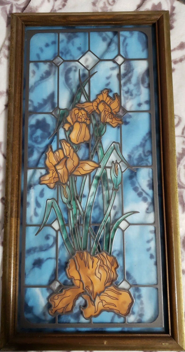 Peach Iris Blue Background Stained Glass Look 23″H x 11.5″W Framed