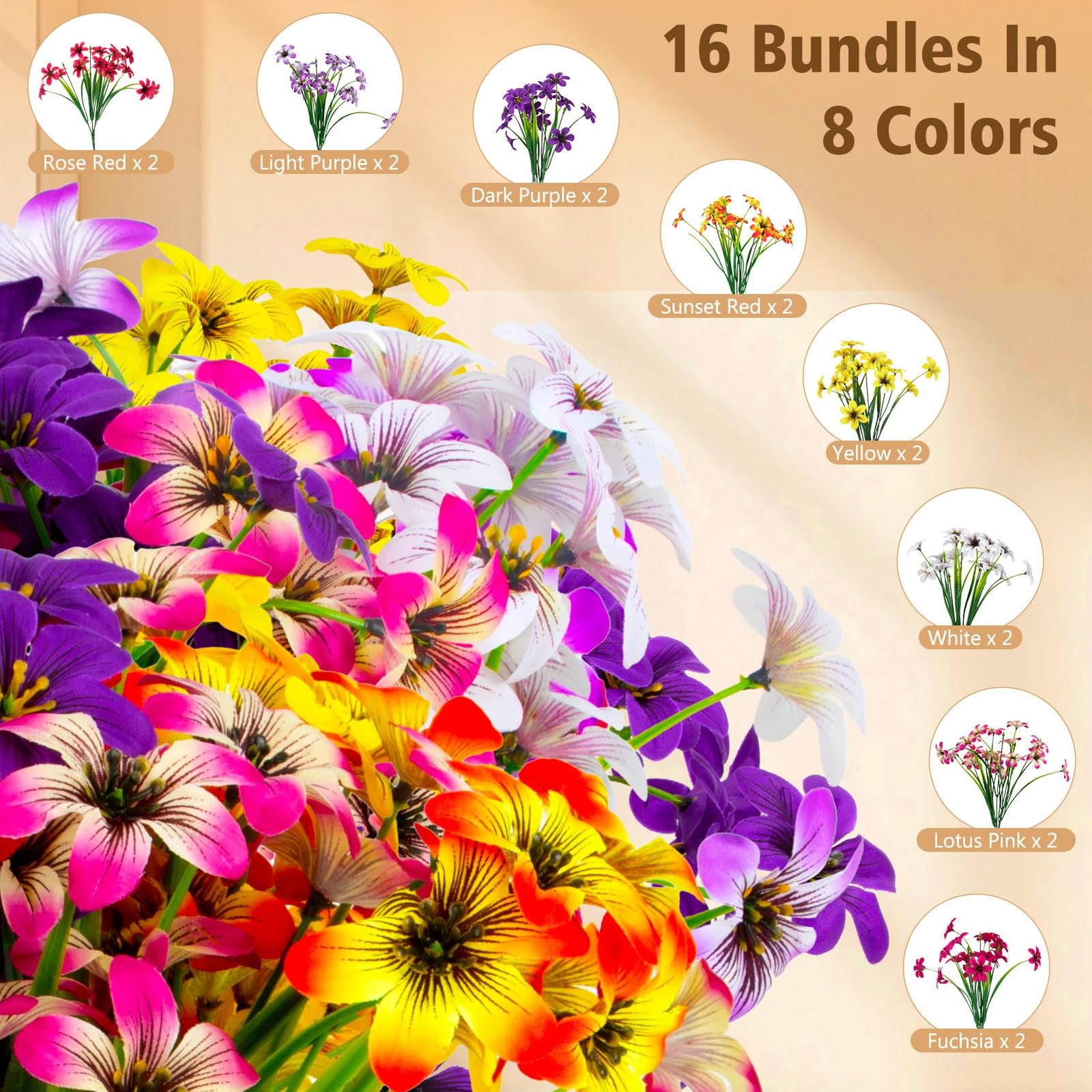 16 Bundles Artificial Flowers, UV Resistant Fake Pansy Silk Flowers, Realisti…