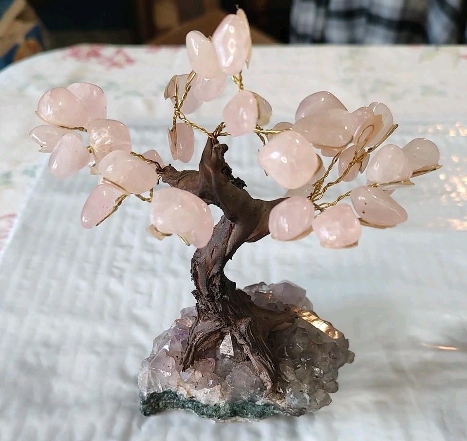 2 Vintage Glass Bonsai Tree Pink Cherry Blossom Artificial Plant Oriental