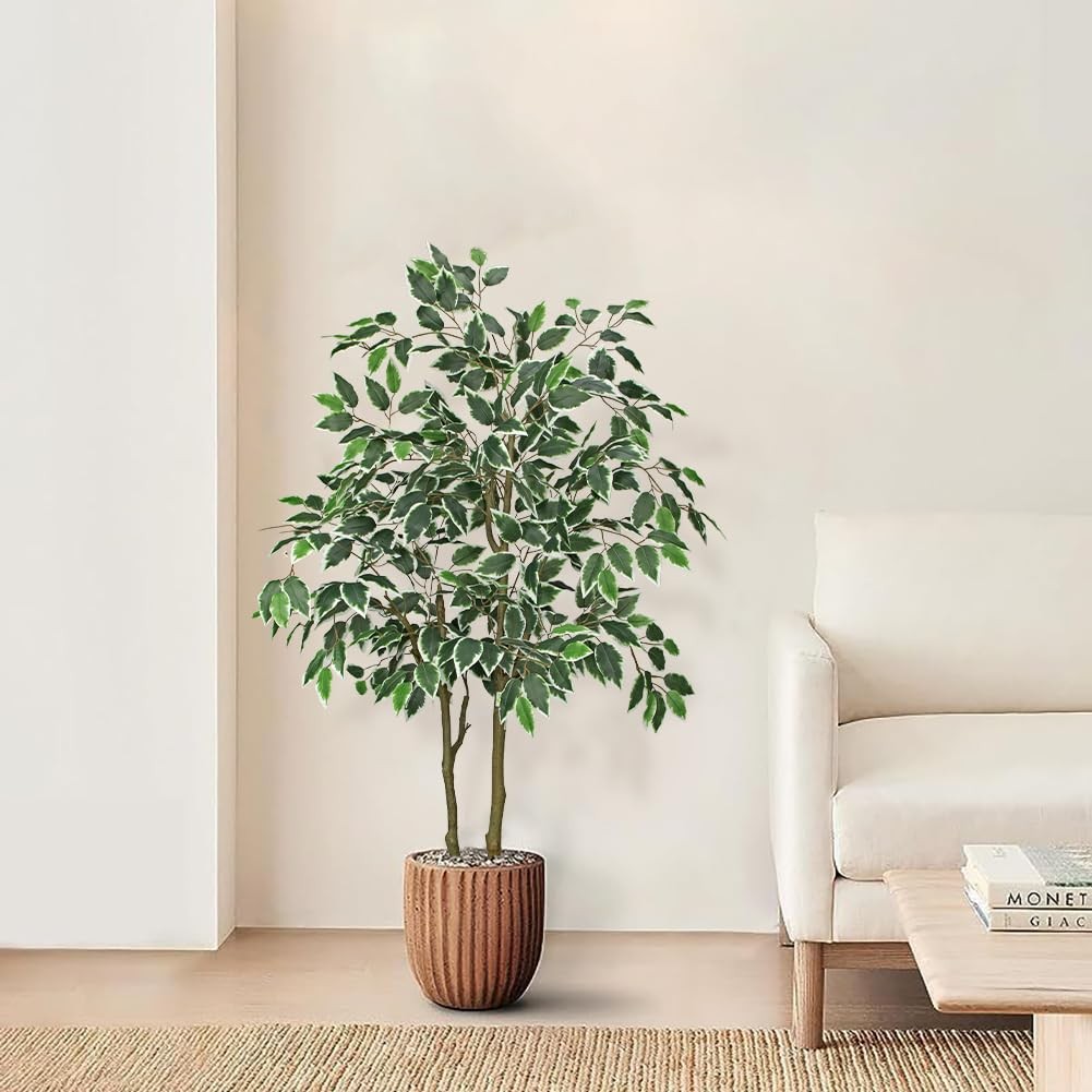2 Pack Artificial Ficus Tree 4ft Silk Fake Ficus Leaves Plant 120cm Potted Fa…
