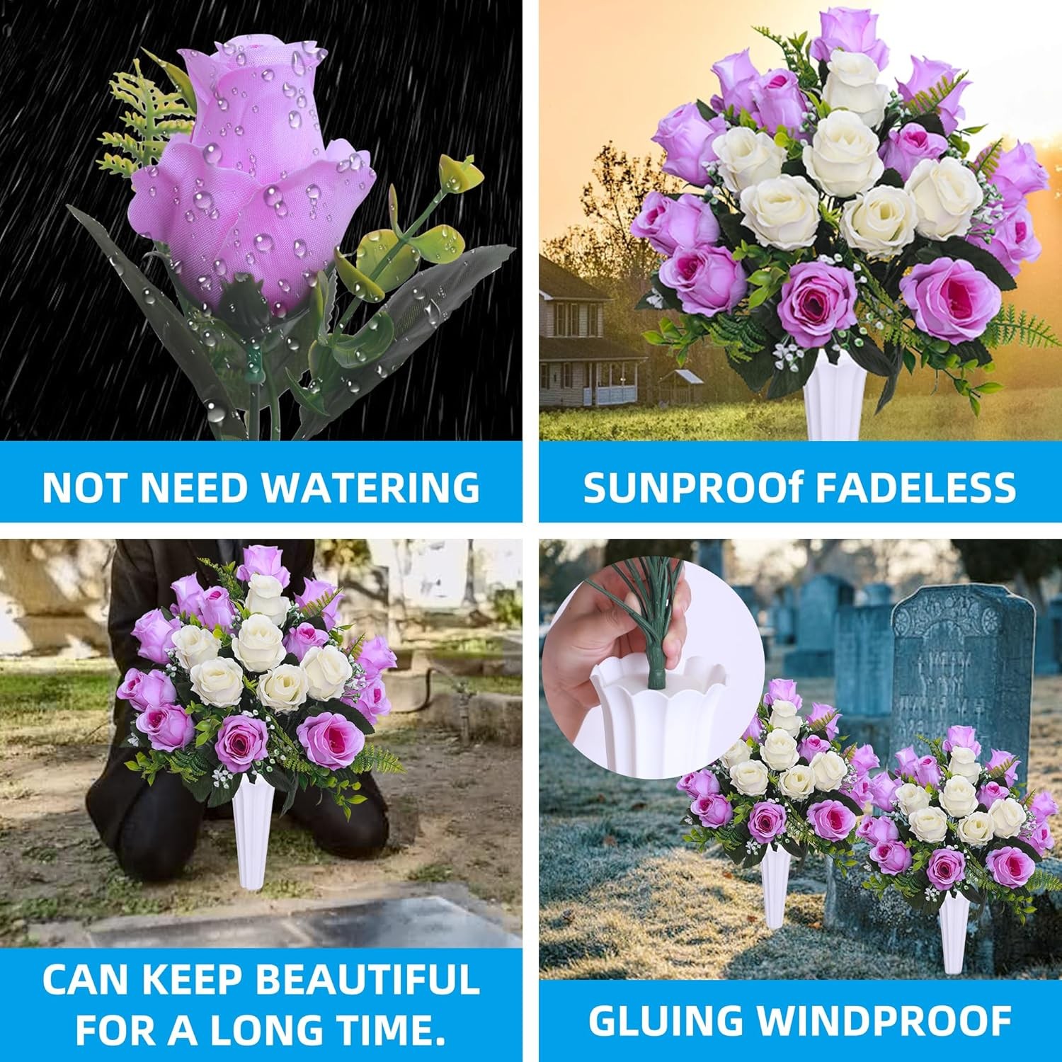 Artificial Cemetery Rose Bouquets Set 2 with Vases White & Purple Grave Flowers