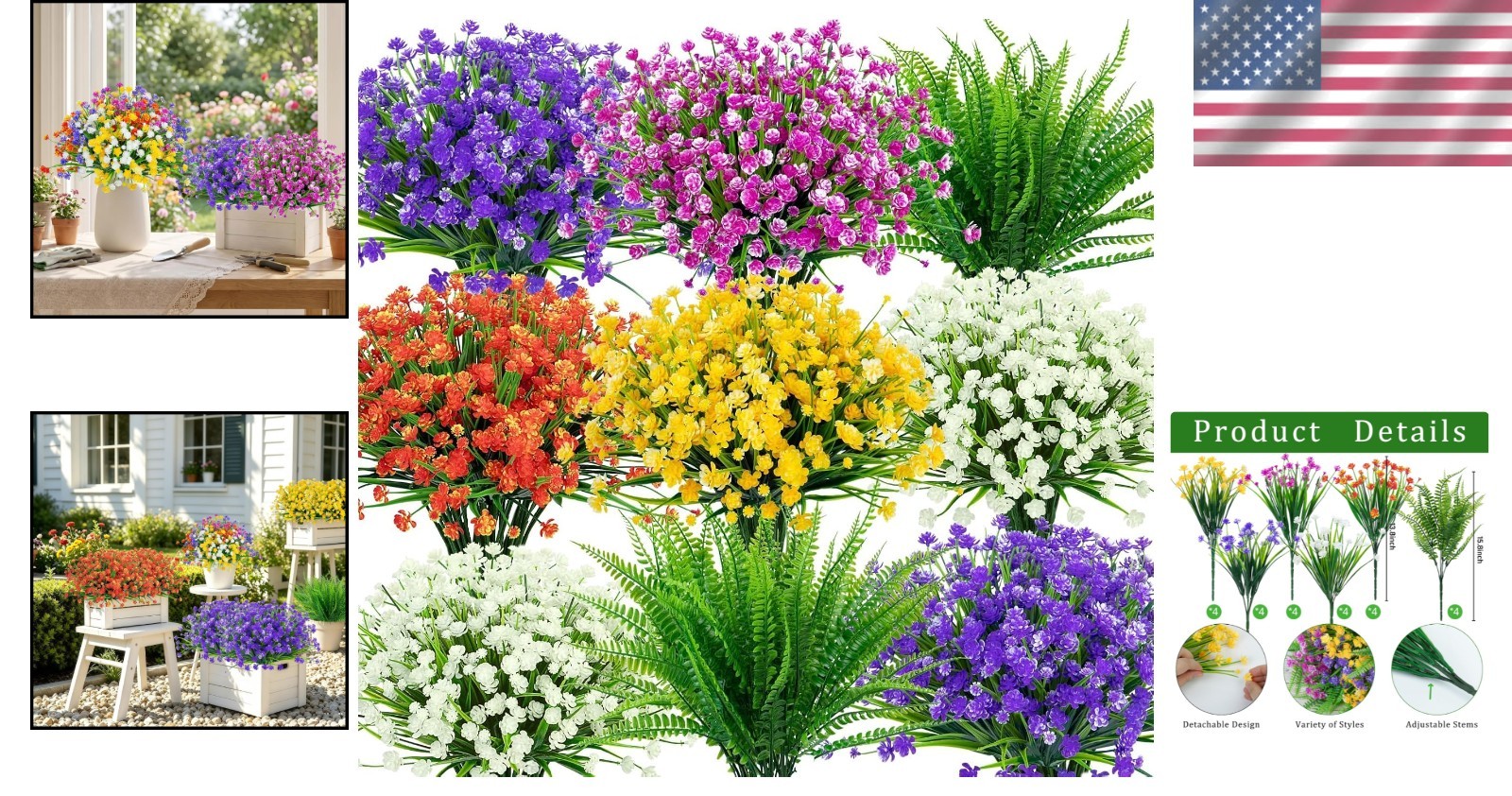 12 Bundles of UV Resistant Mixed Color Artificial Flowers & Boston Ferns Delight