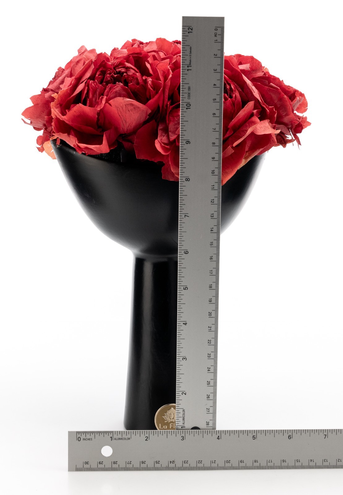 La Fleur Bouquets Red Peonies In 9″ Black Ceramic Vase Los Angeles 11.5″ USED