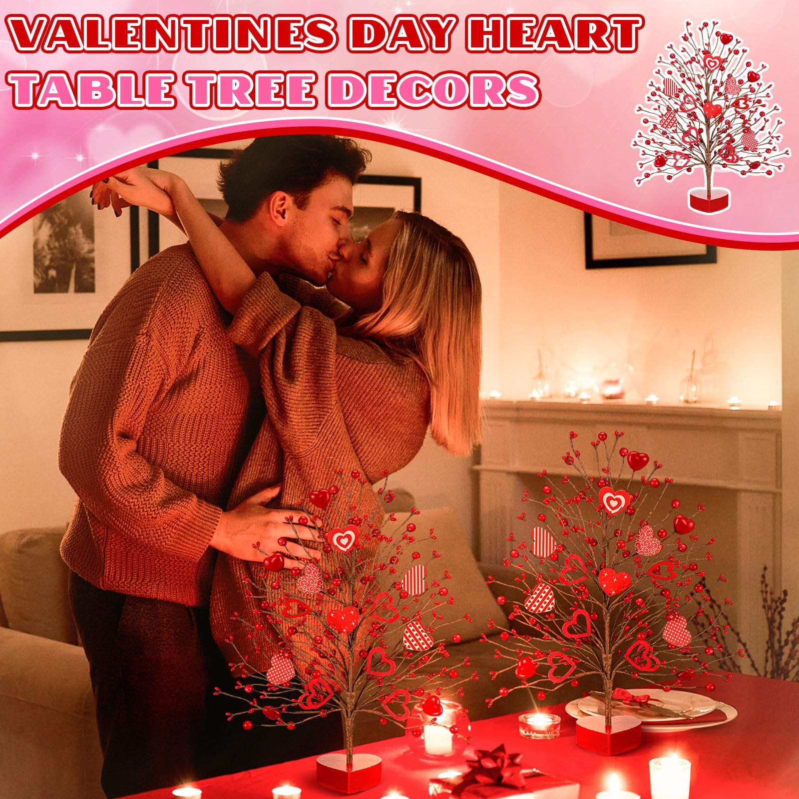 2 PCS 15 Inch Valentines Day Tree Heart Ornaments Tabletop Artificial Center