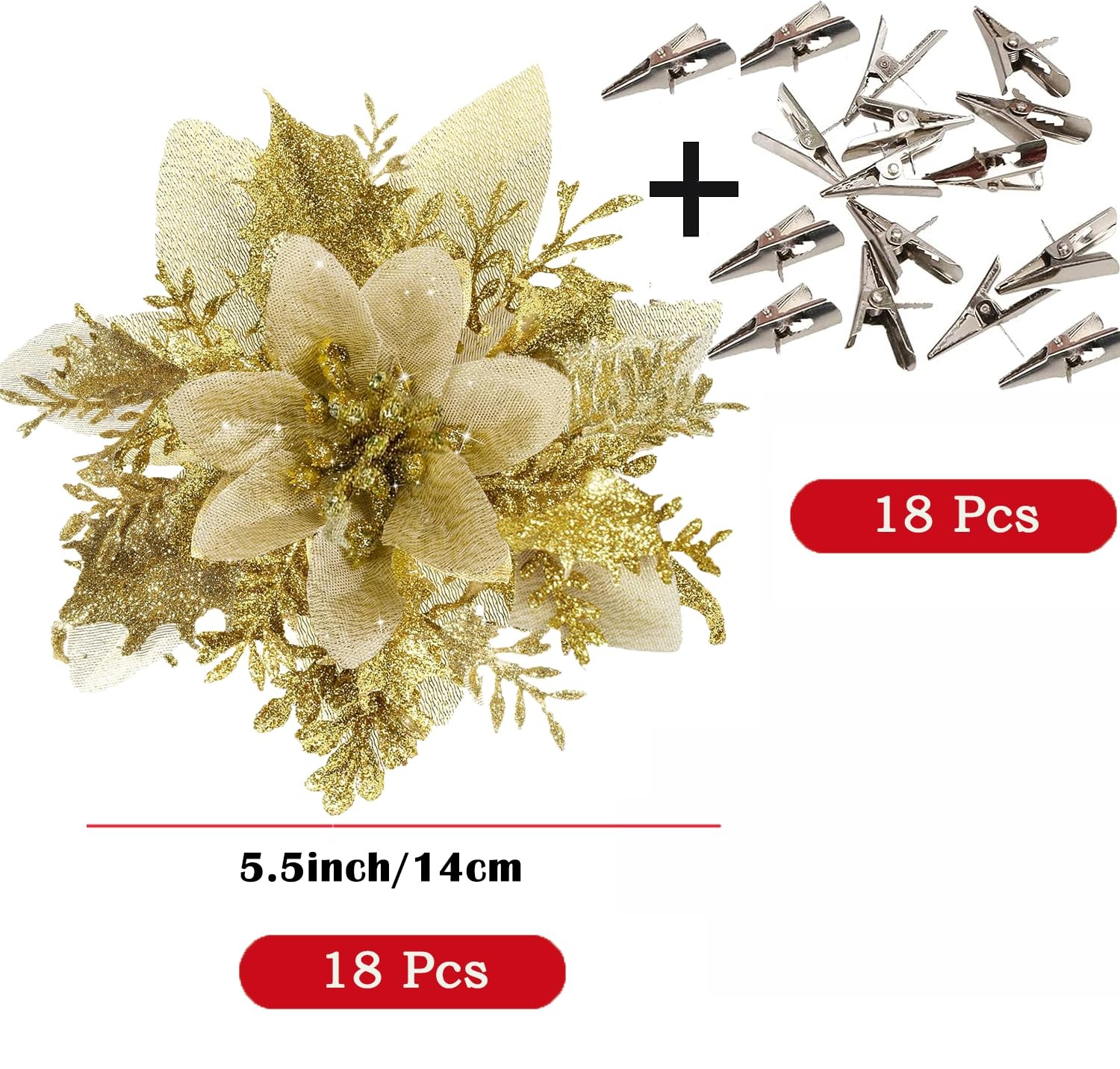 Artificial Poinsettia Flowers Clips Christmas Tree Glitter Ornaments 18 Pack