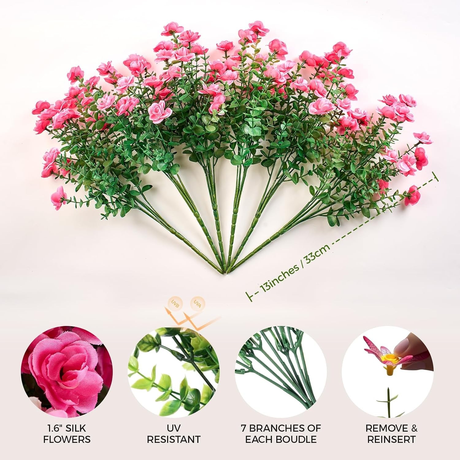 Charming 6 Bundles of UV Resistant Fuchsia Artificial Flowers for Outdoors