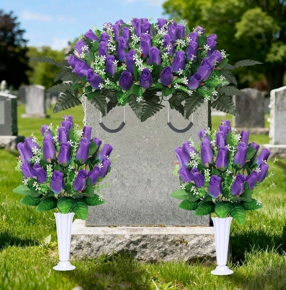3 Sets Cemetery Flowers for Grave, Headstone Flower Saddle, Purple Rose Memorial