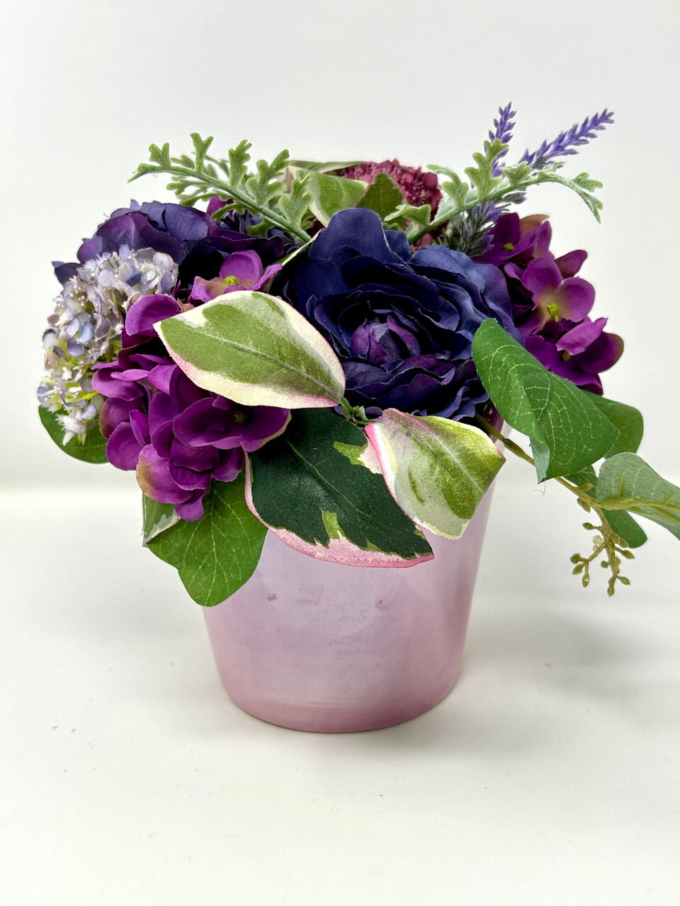 8″ Small Artificial PINK & PURPLE BOUQUET faux Silk flowers potted in VINTAGE Pi